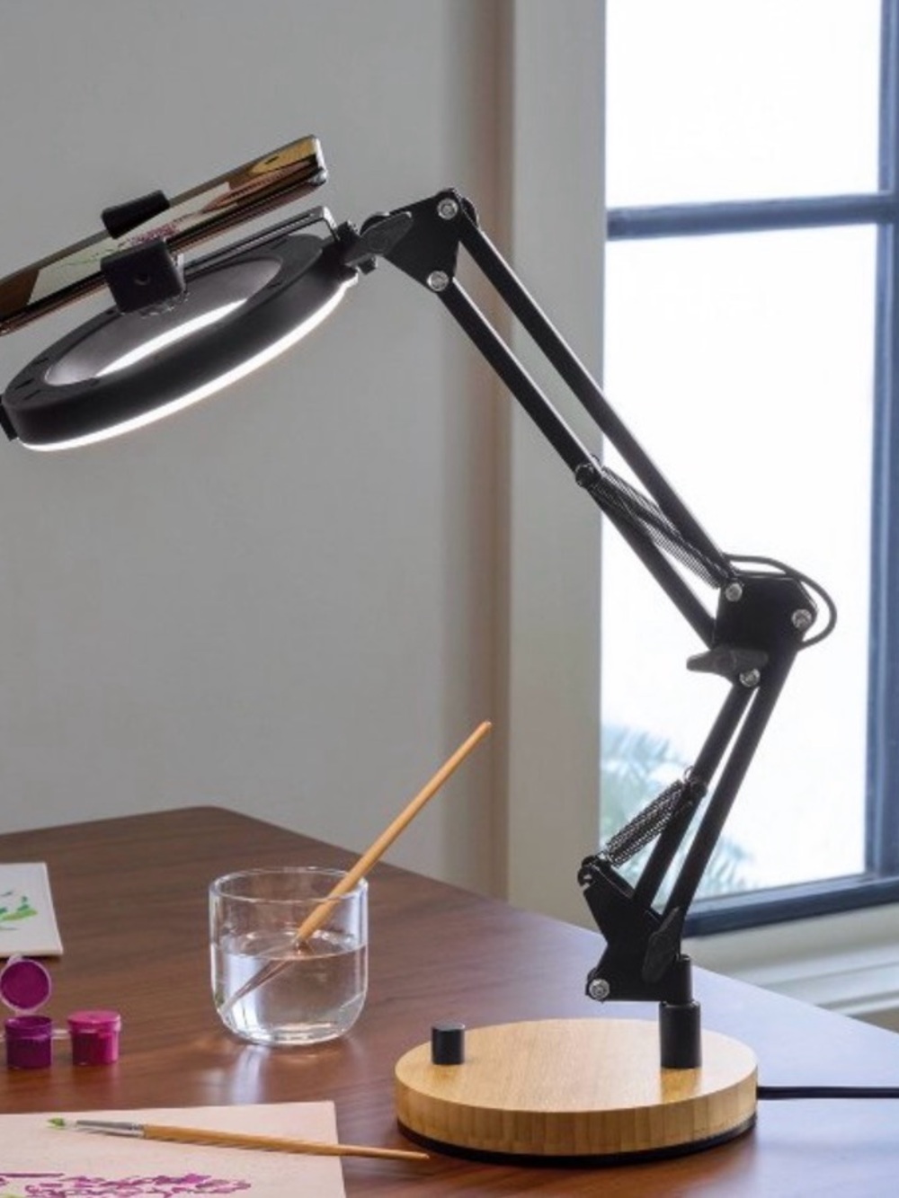 Target Black Ring Light with Wood Base and Adjustable Arm